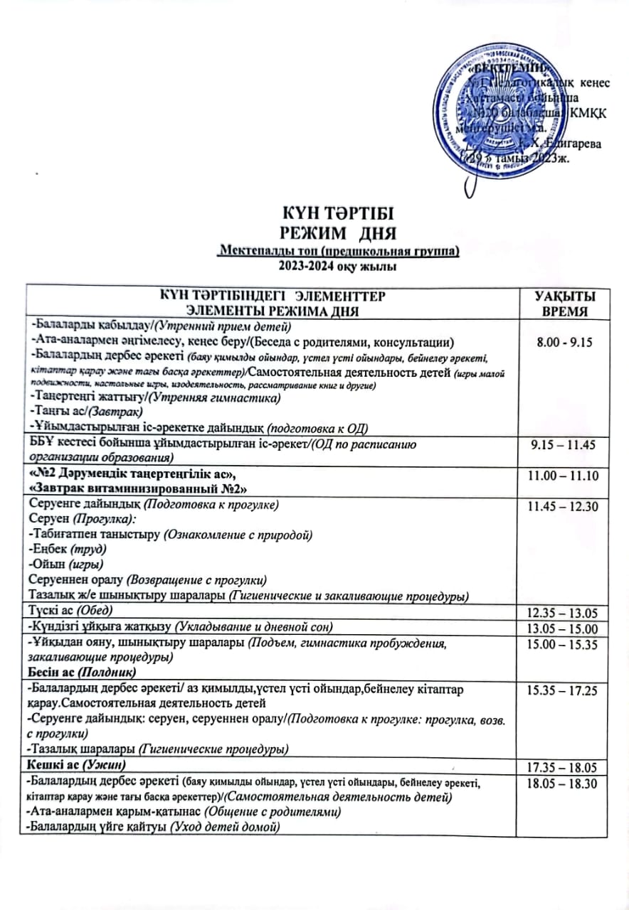 КМҚК №20 бөбекжай-балабақшасының мектепалды «Ботақан және Күншуақ» тобының 2023-2024 оқу жылына арналған КҮН ТӘРТІБІ