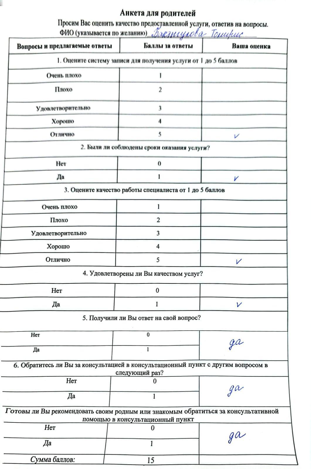 Анкета для родителей   в консультационный пункт
